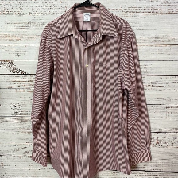 BROOKS BROTHERS MAROON STRIPED POLO BUTTON DOWN DRESS SHIRT - Picture 1 of 5